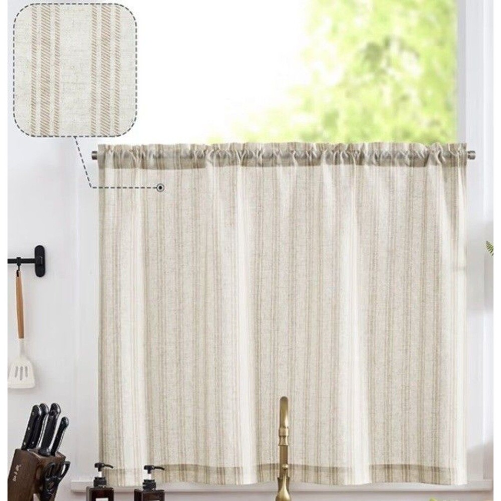 Jinchan Linen Kitchen Curtains 36 Inch Length Striped Tier Curtain 1 Panel